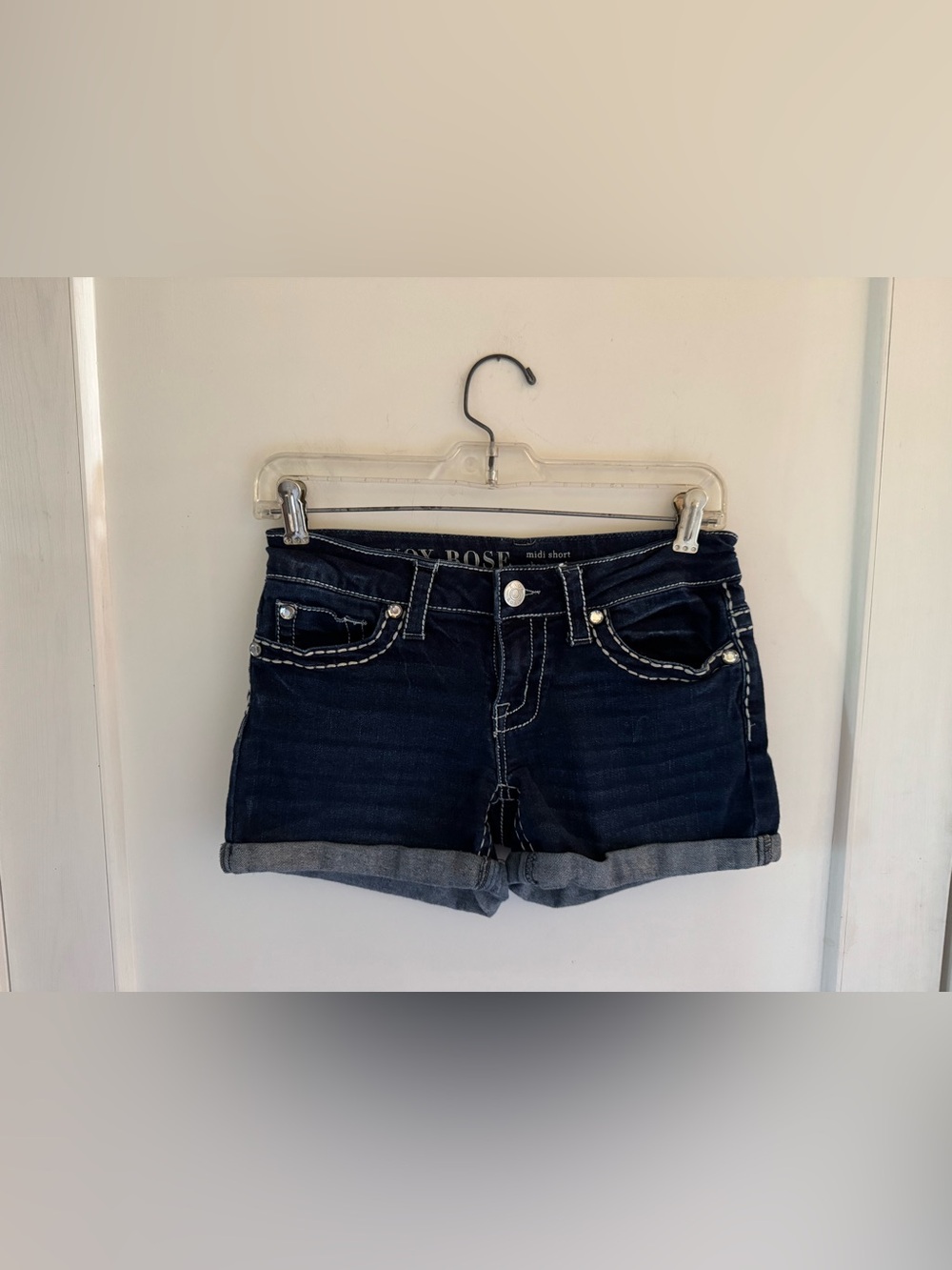 Knox Rose Dark Blue Denim Midi Shorts with White Stitching and Rhinestones